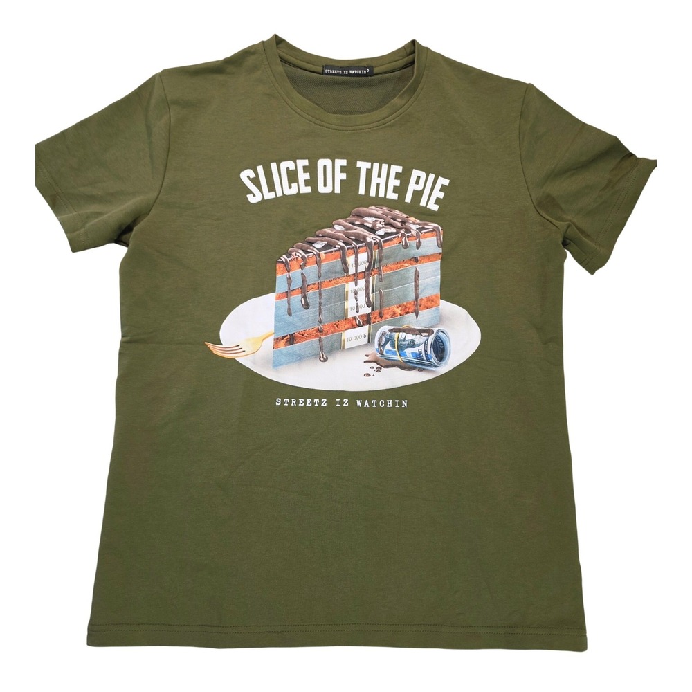 Streetz Iz‎ Watchin Mens Slice of the Pie Graphic T-Shirt Olive Green Small